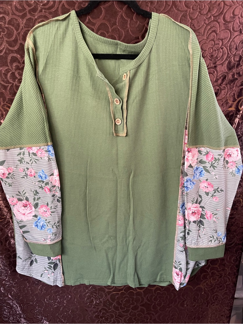 Olive Green Floral Sleeve Henley Top